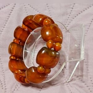 Natural Red Agate Amber-Tone Chunky Bead Stretch Bracelet - Women Jewelry